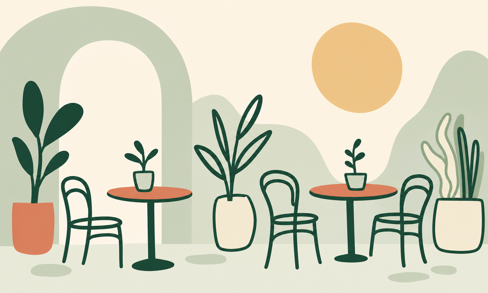 An abstract cosy terrace with tables surrounded by plants